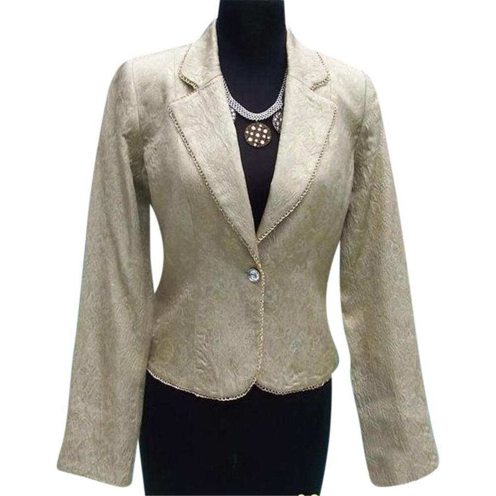 Cache Elaborate Gold Brocade Top Jacket New Silver Gold Bead Trim Lined NWT $228